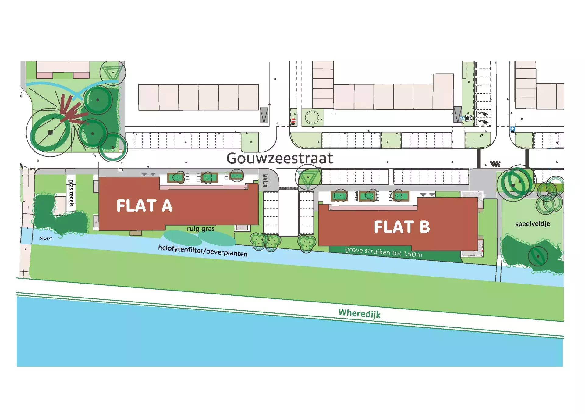 Illustratie van het voorlopig ontwerp van het openbaar groen in de Gouwzeestraat